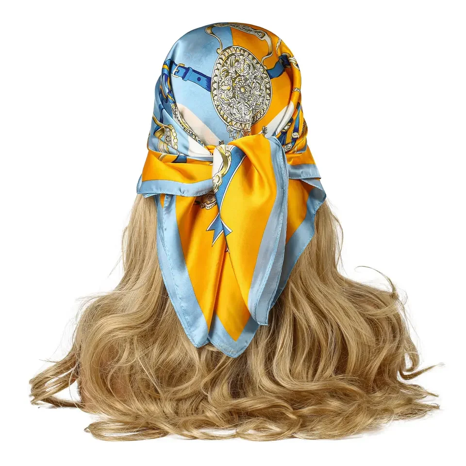 Bufanda cuadrada de satén elegante para mujer con estampado de altar naranja-azul bufanda de seda transpirable accesorio de moda a prueba de viento