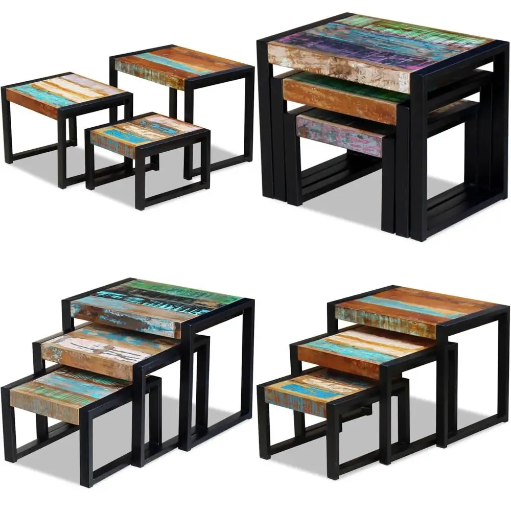 طقم طاولات متداخلة عتيقة مكونة من ثلاث قطع مع أرجل من الخشب والصلب الأسود المستصلحة - لمسة نهائية متعددة الألوان لغرفة المعيشة متعددة الاستخدامات #1