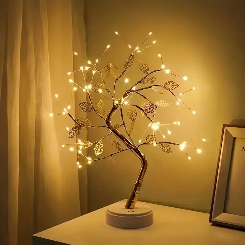 1PC Golden Leaf Tree Lamp, 72 LED Copper Wire String Lights, USB or Battery Powered with Touch Switch, 2-Mode for Home Decor