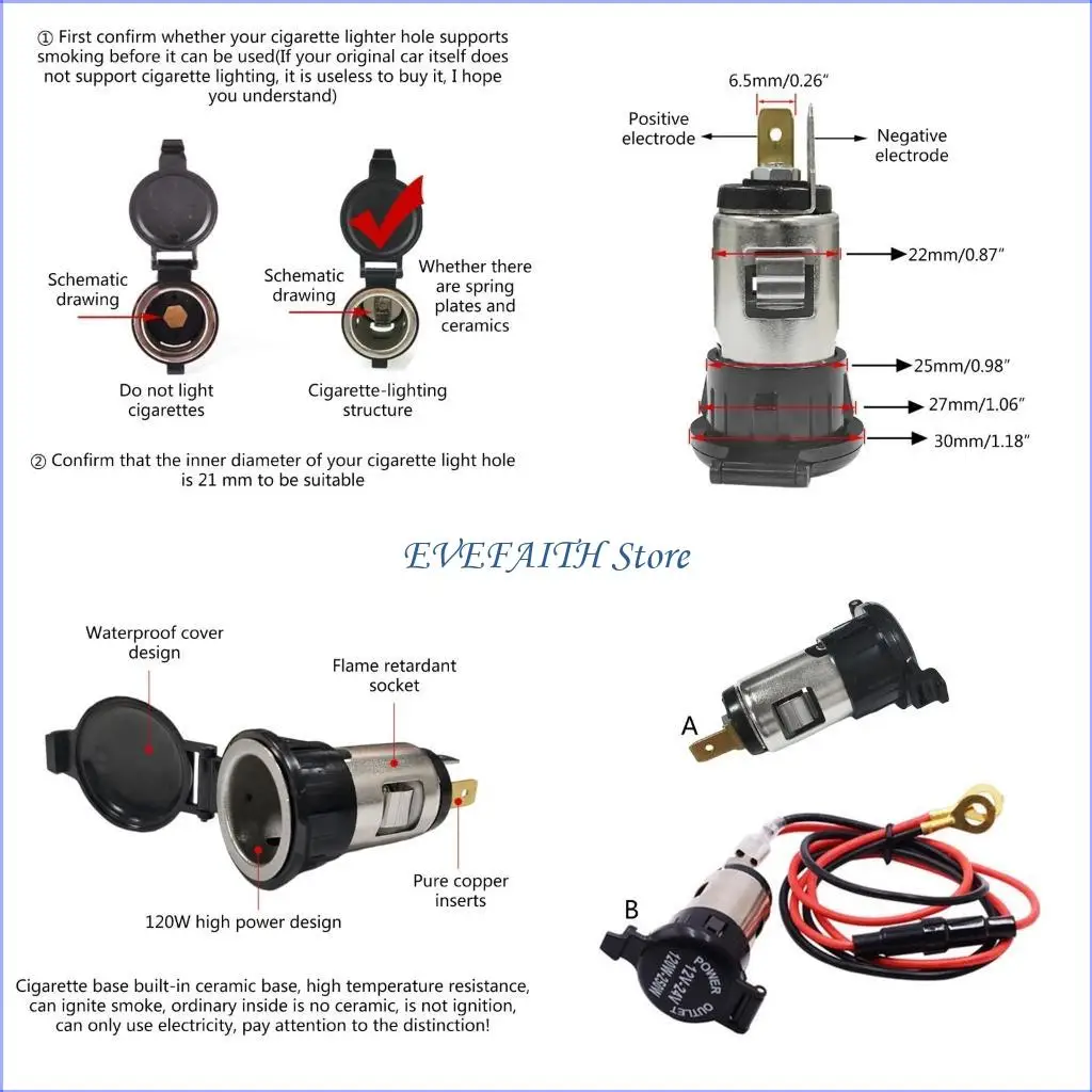 124B Power Outlet Socket Replacement Cigarette Socket 12V-24V Power Outlet