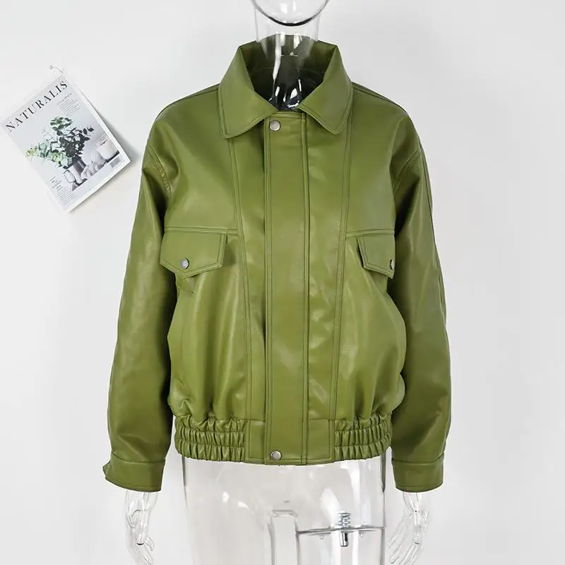 2025 New Lady Solid Streetwear Fashion Green PU Leather Jacket Women Laple Zipper Loose Full Sleeve Single Breasted Cropped Coat