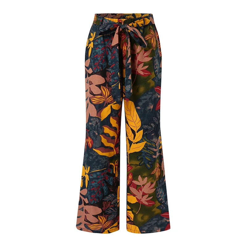 2023 New Summer Fashion Casual Simple Comfortable Elastic Waist Cotton Hemp Large Size Printed High Waist Wide Leg Pants