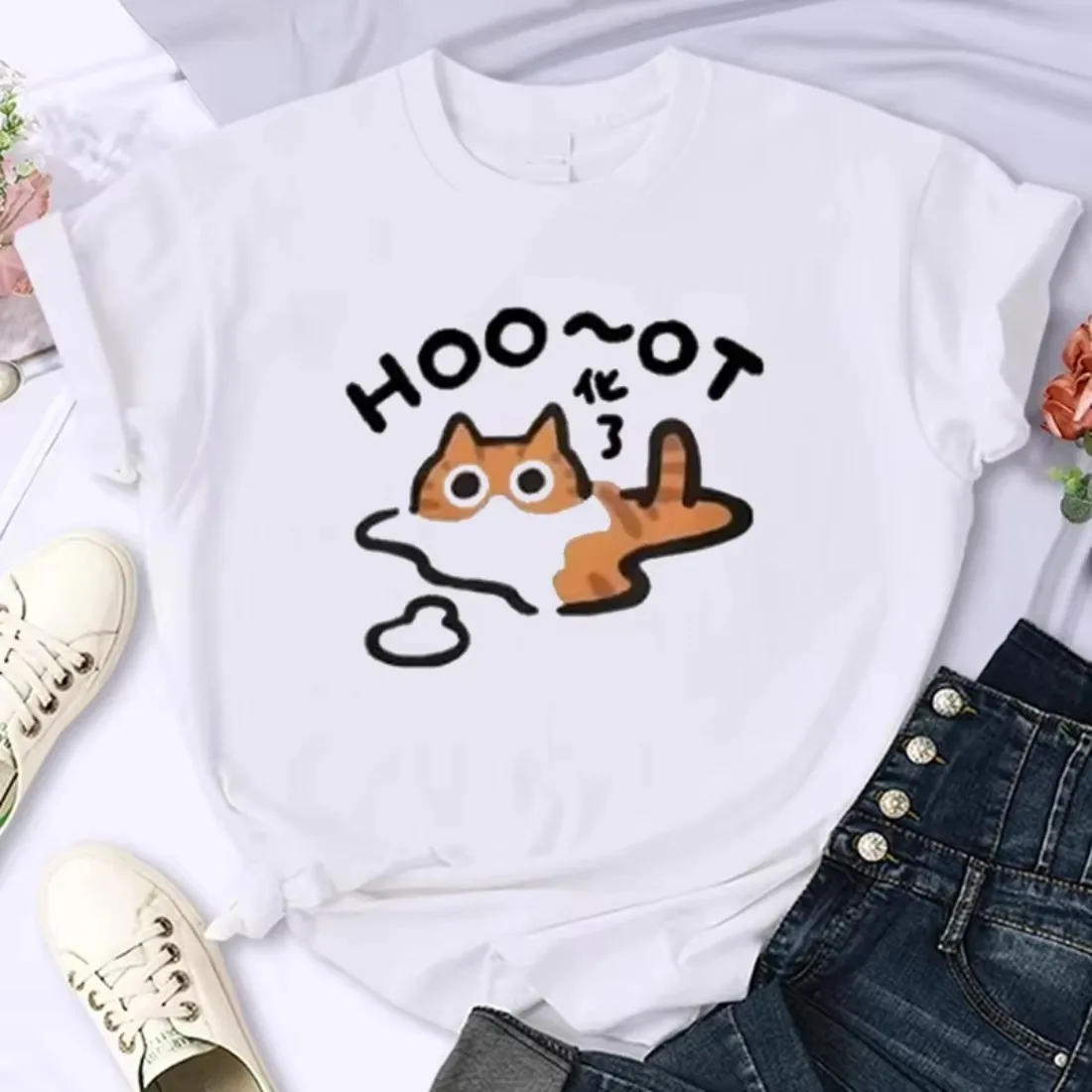 Transformed The Cat Printed Women T-shirt Original Cartoon Summer Short Sleeved T-Shirt Trendy Cat Blackened Unisex Clothes Tops