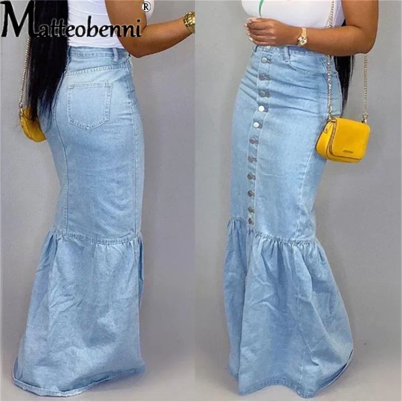 2024 Nieuwe Fishtail Denim Rok Vrouwen Mid-Kalf Zeemeermin Trompet Lange Rok Ruche Breasted Empire Sexy Hoge Taille elastische Rok