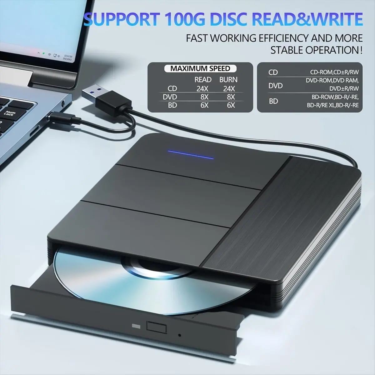 A40I 7 in 1 External Blu-Ray Drive,Support Disc R/W BD DVD CD Player,Portable Burner USB3.0 SD/TF Card Slot