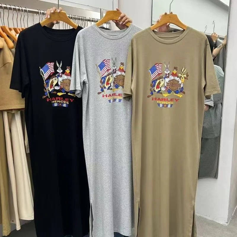 Coréen Sle Lâche Grande Taille Hong Kong Sle Design Or Sve T-shirt mi-long fendu Dr peut être porté à l'extérieur Casual Po...