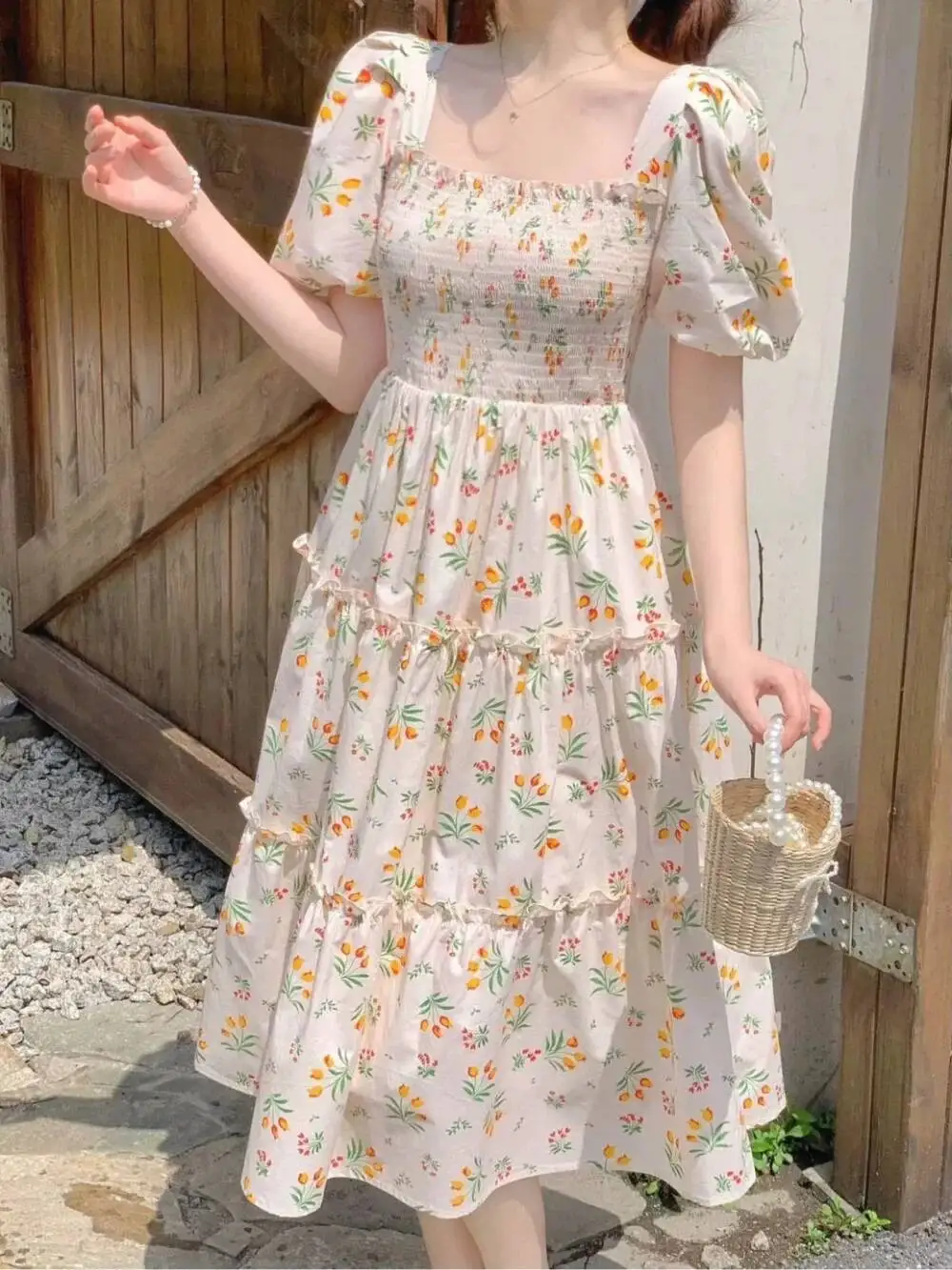 Midi Dresses For Women Cute Woman Dress Floral Kawaii Fairy Flower Short Sleeve Elegant And Beautiful New In Curvy Haruku Hot