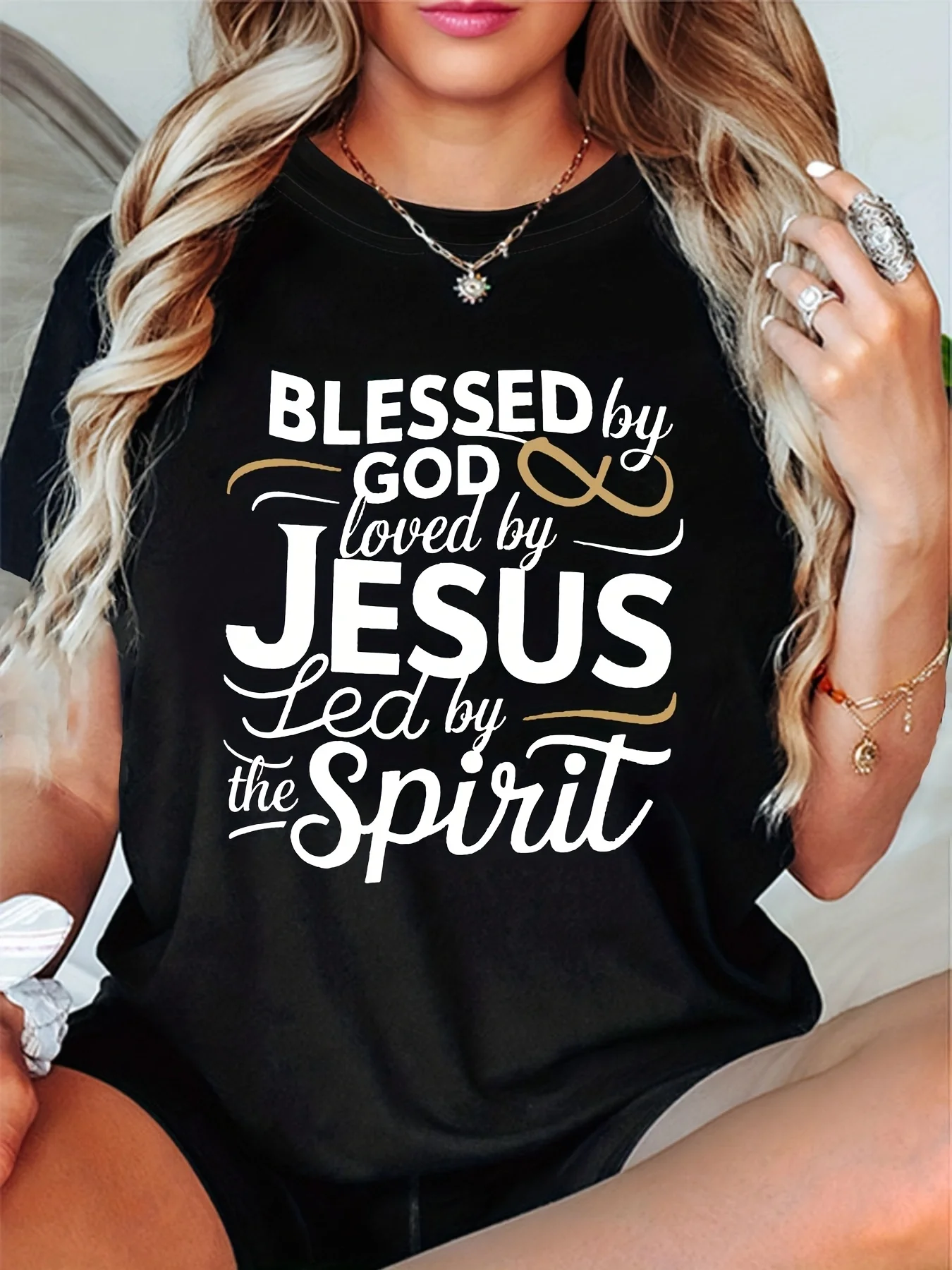 Women's T-shirt Short Sleeve BLESSED By GOD Loved By JESUS Led By The Spirit Letter Print Casual Daily Top for Summer & Spring