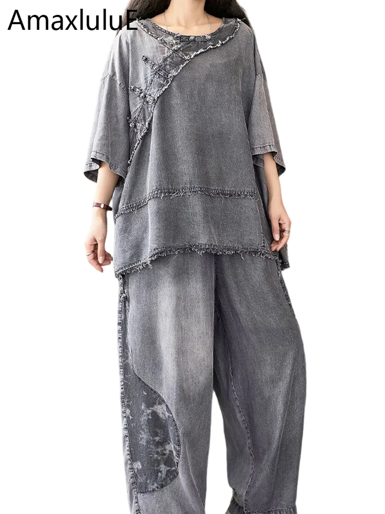 

Amax LuluE 2026 Chinese Womens Oversized Denim Two Pieces Sets Loose Summer Tops Patchwork T-shirts Classic Jeans Causal Outfits