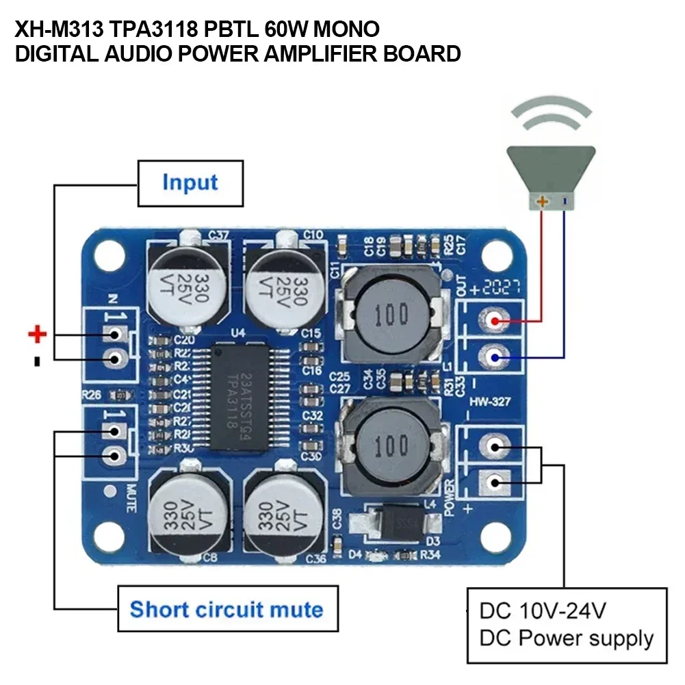 XH-M313 TPA3118 60W DC8-24V Mono Digital Audio Power Amplifier Board Amp Module Car Audio Amplifiers 32Pin Chip Original