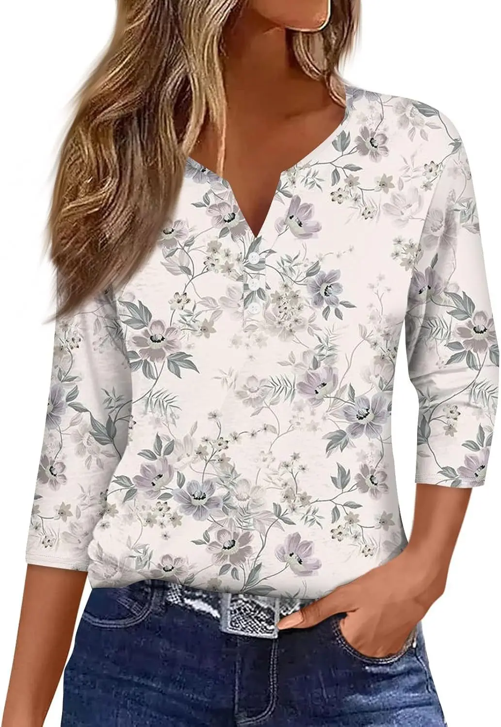 Minimalist New Women's Summer Button Plant Graphic In Stock With Three Quarter Sleeves, One Piece Hair ReplacementWG23