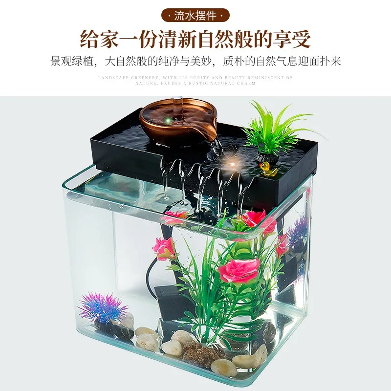 Glass Mini Fish Tank Circulating Water Desktop Ornament Bonsai Decor for Living Room Office, Lucky Opening Business Gift