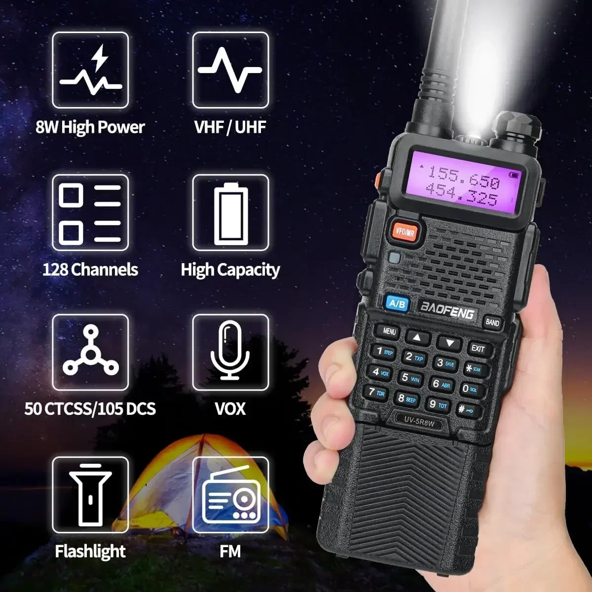 BAOFENG UV-5R 8 Вт, 2 шт., двухдиапазонная двусторонняя радиостанция дальнего действия с аккумулятором 3800 мАч, удобный FM-трансивер, радиолюбитель, рация