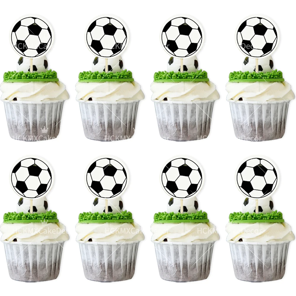 24 buah hitam & putih desain sepak bola Cupcake Toppers tusuk gigi tusuk gigi, kertas tebal dua sisi cetak dekorasi kue ulang tahun