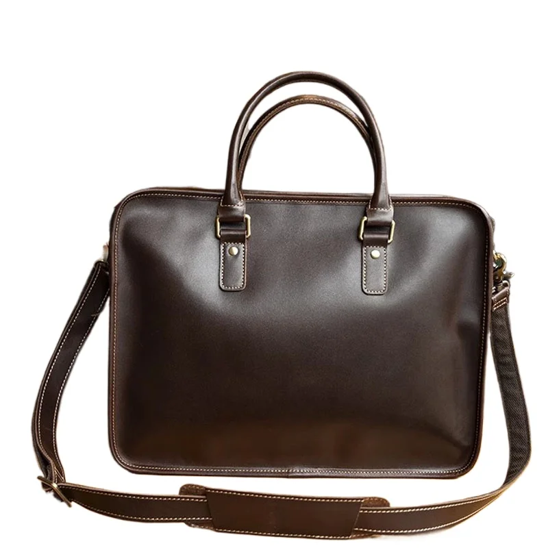 

Handmade cowhide briefcase high-end retro leather men's laptop bag commuter document computer