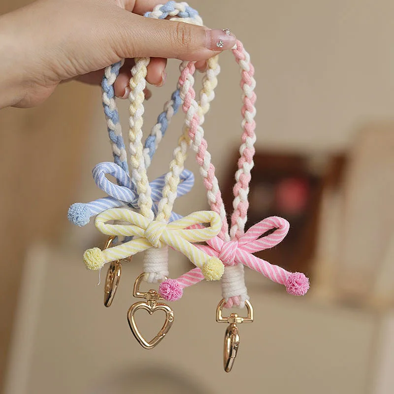 Women's Pendant Gift New Striped Bow Keychain Cute Girl Candy Color Mobile Phone Wristband Yellow Color Simple Fashion Pendant