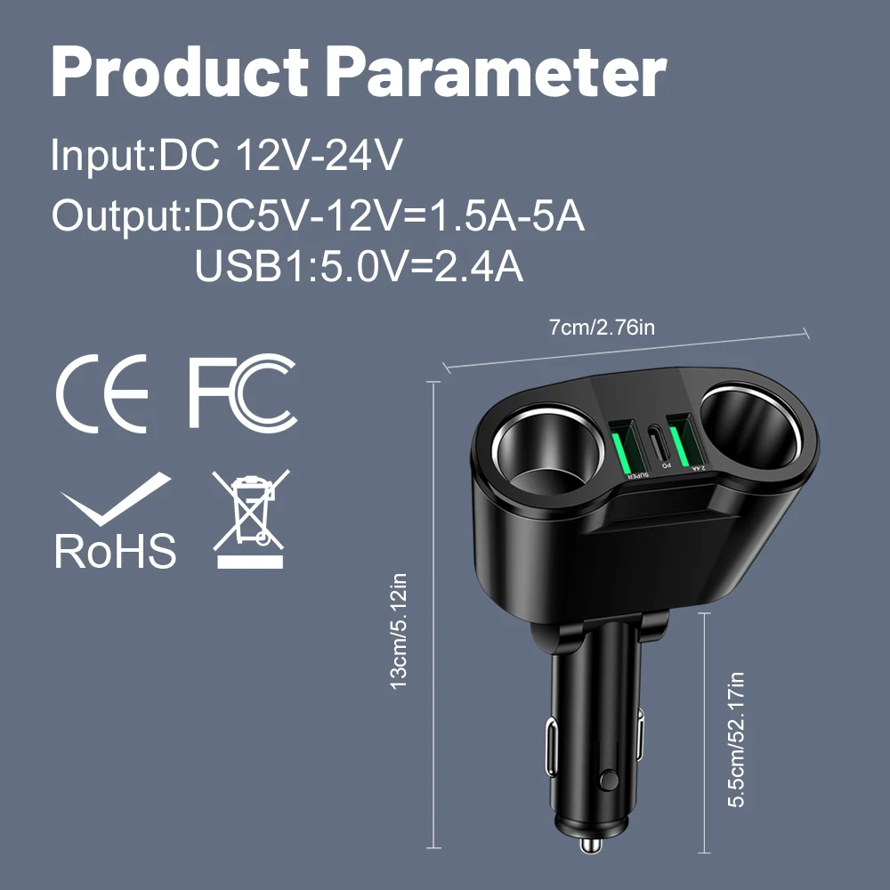 USB Car Charger Adapter Type C Multiple Devices Charged at the Same Time with Digital Display Dual-port USB Car Charger Adapter view 6
