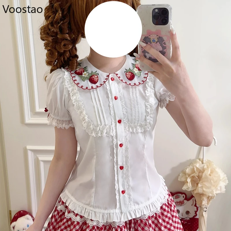 

Japanese Kawaii Lolita Style Shirt Women Sweet Peter Pan Collar Strawberry Embroidery Blouse Tops Girls Puff Sleeve Blusas Mujer