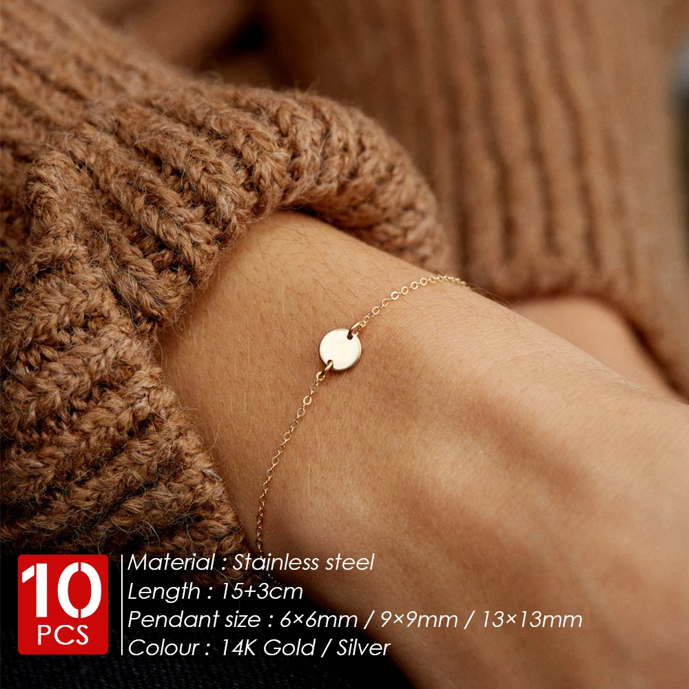 eManco 10PCS Solid Blank Round Charms Stainless Steel Bracelet Minimalist Initial Charms Accessories Adjustable Jewelry