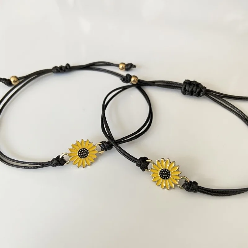 Fashion Sunflower Bracelets Handmade Braided with Black Oil Drip Rope Charm Friendship Wish Card Bangle Couple Alloy Jewelry