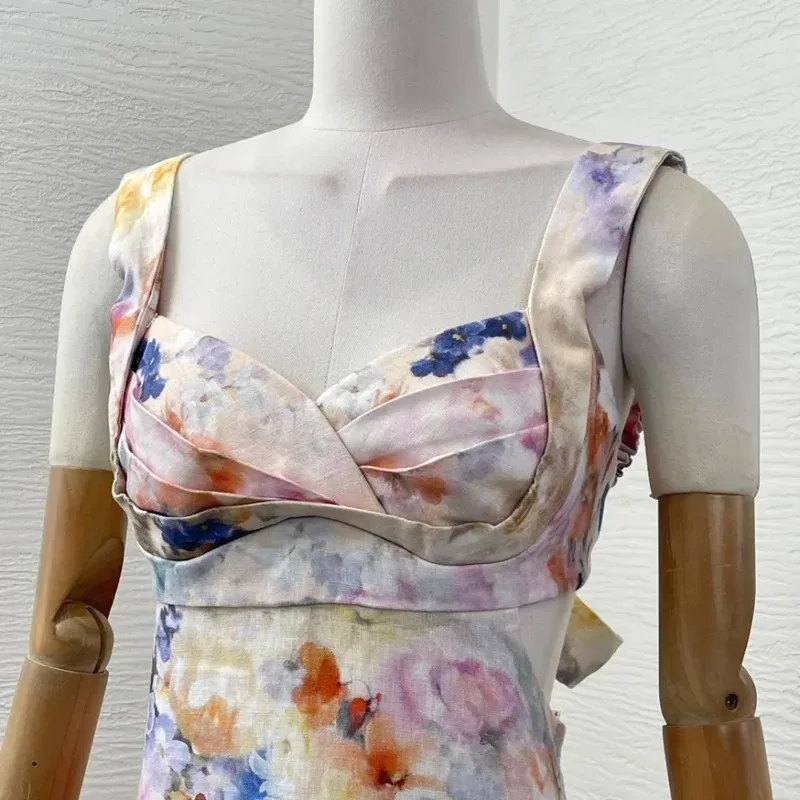 فستان ميدي للعطلات للسيدات موديل 2025 على طراز الشاطئ بدون أكمام وخصر خلفي بدون حمالات