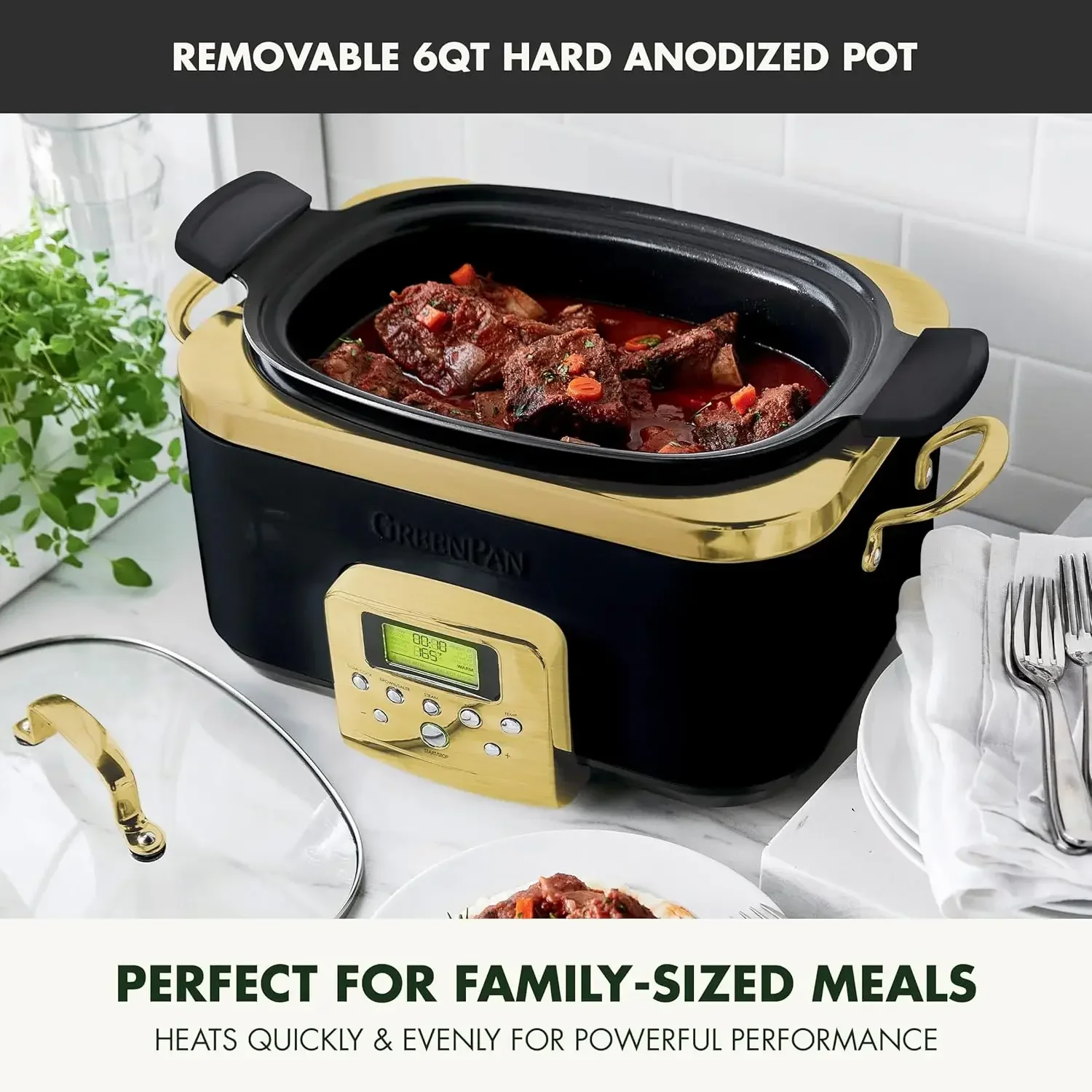 GreenPan Elite Reserve 6QT elektrische slowcooker, programmeerbaar vaatwasmachinebestendig deksel en verwijderbare pot, PFAS-vrij, gezond keramiek