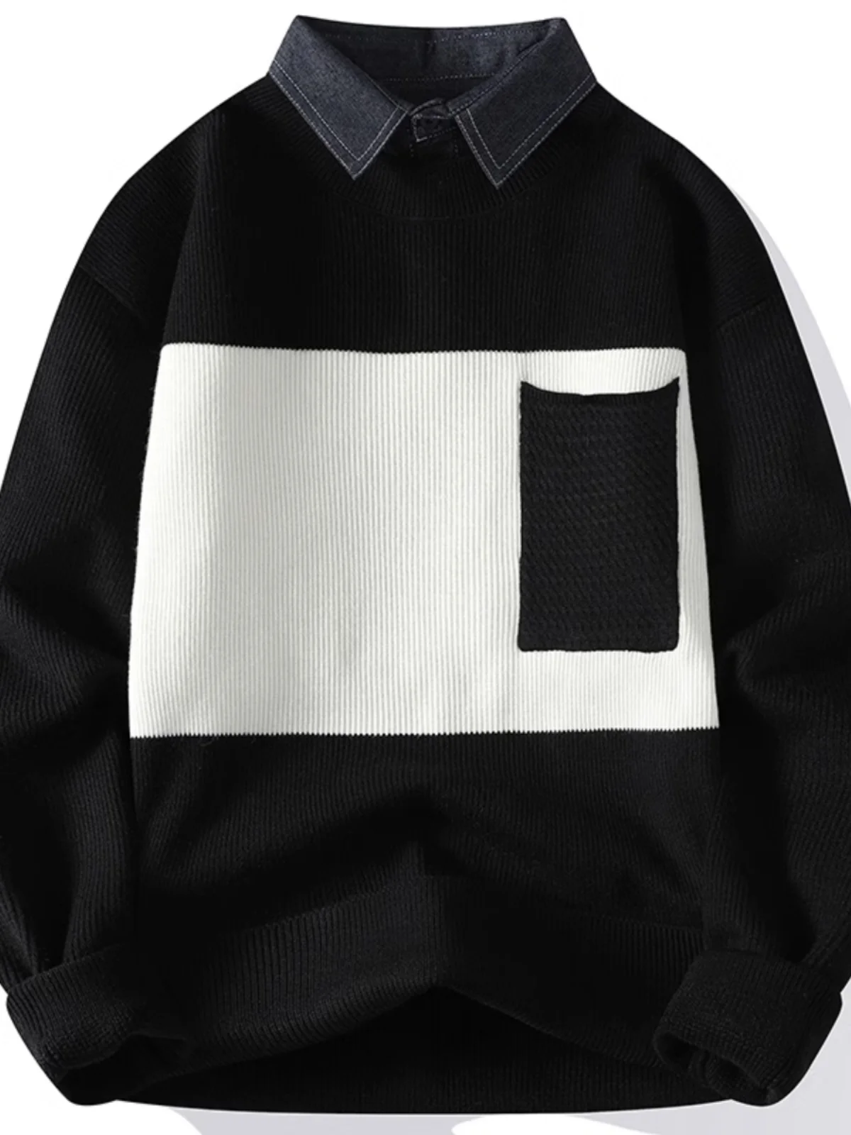 

Men's Winter Thiened Knitted Sweater irt Collar Pseudo Two-Piece Inteated Fce Warm Base Layer irt Color Blo