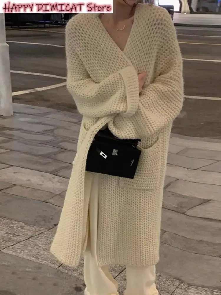 

Women's Woolen Knitted Coat, Midi-Clothing, Long Sleeved Cardigan, Fluffy, Loose, Sweet, Comfortable, Female, Korean, Autumn