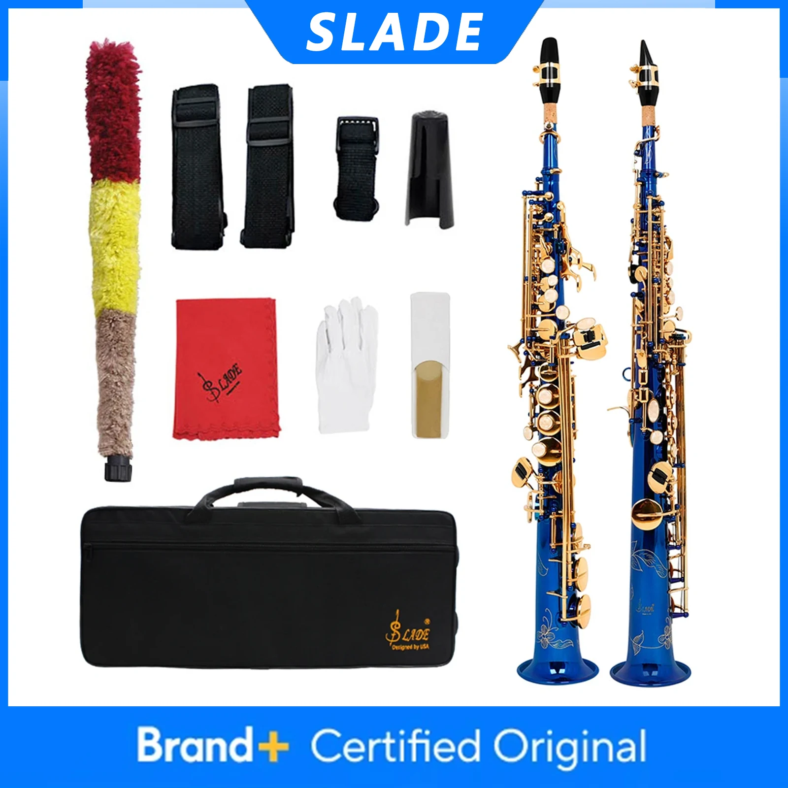 

Саксофон сопрано SLADE S85 Bb, латунный корпус, сине-золотой, прямой, духовой инструмент, саксофон с чехлом, тростниками, запчастями и аксессуарами