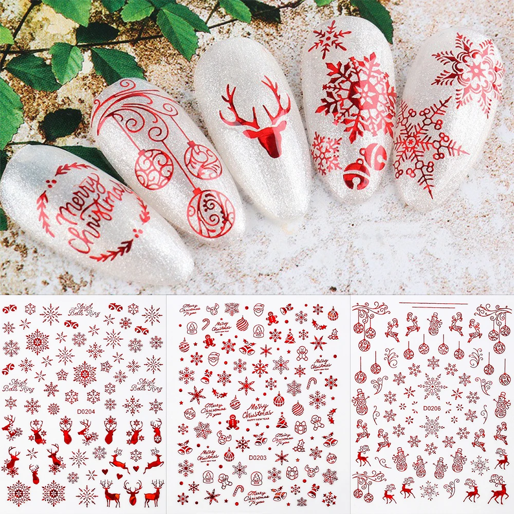 1pc 3D Goud/Rood Sneeuwvlok Nail Art Decals Kerst Ontwerpen Zelfklevende Stickers Nieuwjaar Winter Gel Folies sliders Decoraties