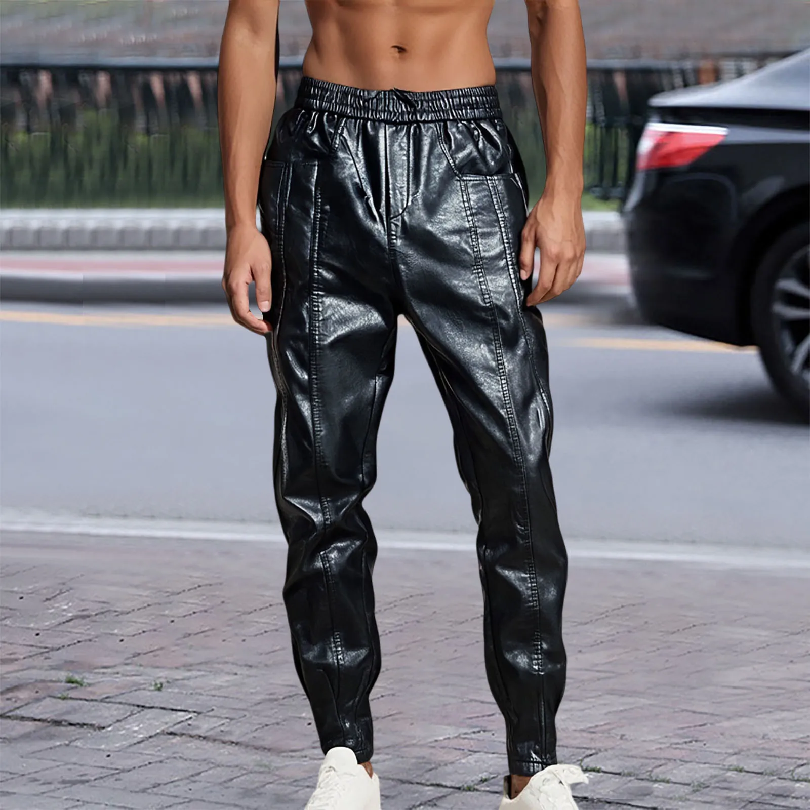 

PU Leather Men's Punk Fashion Trousers 2025 Spring Summer Casual Loose Fit Solid Color Trousers Elastic Waist Jogger Pants