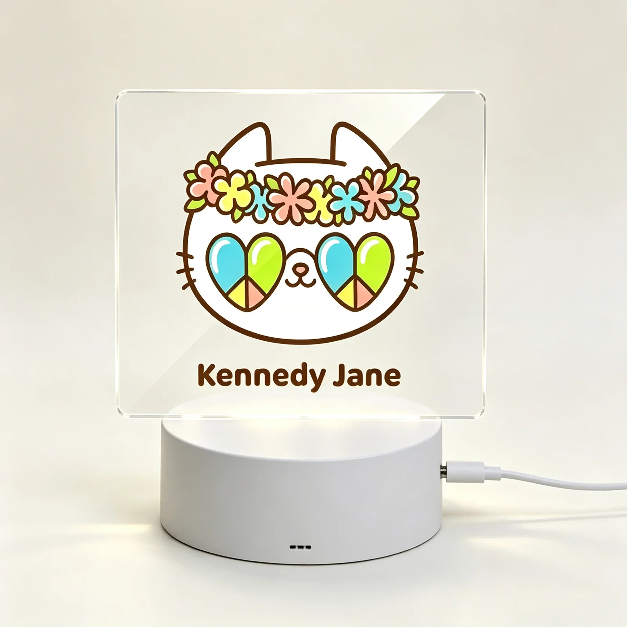 Custom Name LED Acrylic Night Light, Cute Cat With Flower Wreath Heart Sunglasses USB Touch Lamp Kids Bedroom Gift