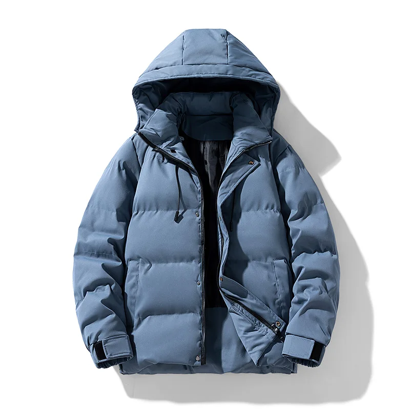 Jaquetas masculinas com capuz acolchoado de algodão, Parkas de topo grosso, casacos soltos à prova de vento, outwear quente monocromático, novo,