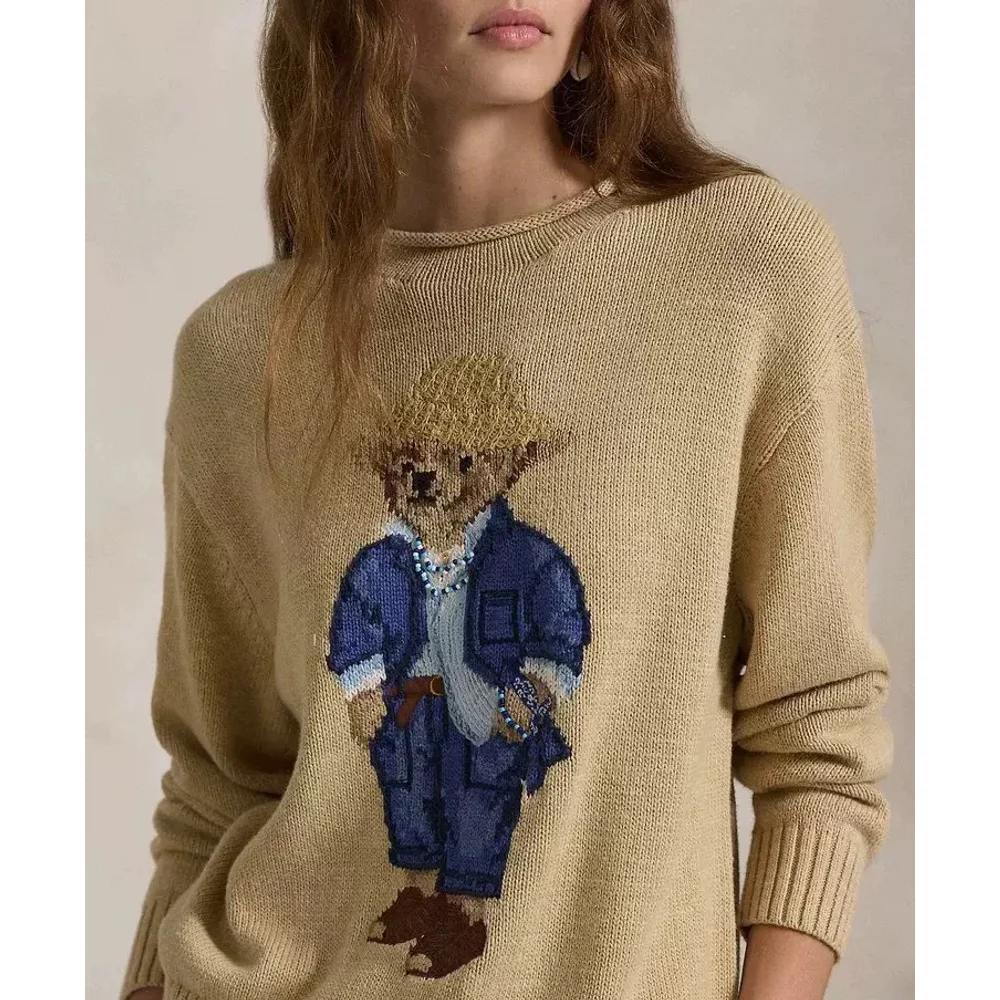 

Новый женский вязаный свитер с закрученным воротником из чистого хлопка с мультяшным медведем, высококачественный осенне-зимний свитер с ленивой атмосферой