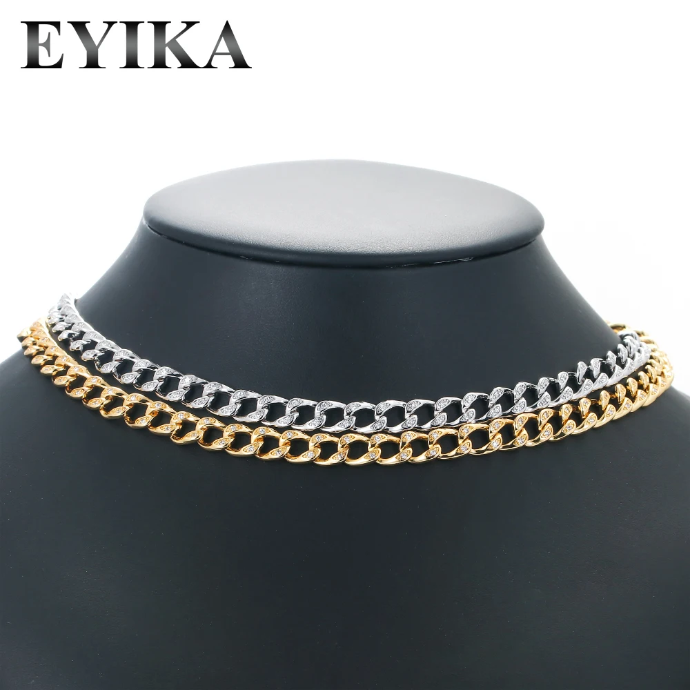 

EYIKA Hip Hop Copper Inlaid Zircon Thick Cuban Chain Choker Necklace for Women Men Gold Silver Color Punk Unisex Couple Jewelry