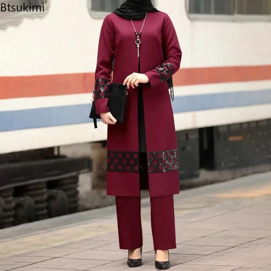 Elegante abaya vestido muçulmano 2 peça define feminino musulman médio oriente novos conjuntos islam roupas eid mubarek ramadan dubai abayas terno