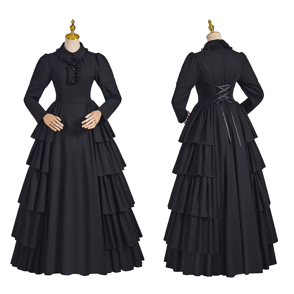 Gothic Steampunk Black Ruffle Dress Medieval Renaissance Civil War Mourning Costume Halloween Carnival Party Ball Gown