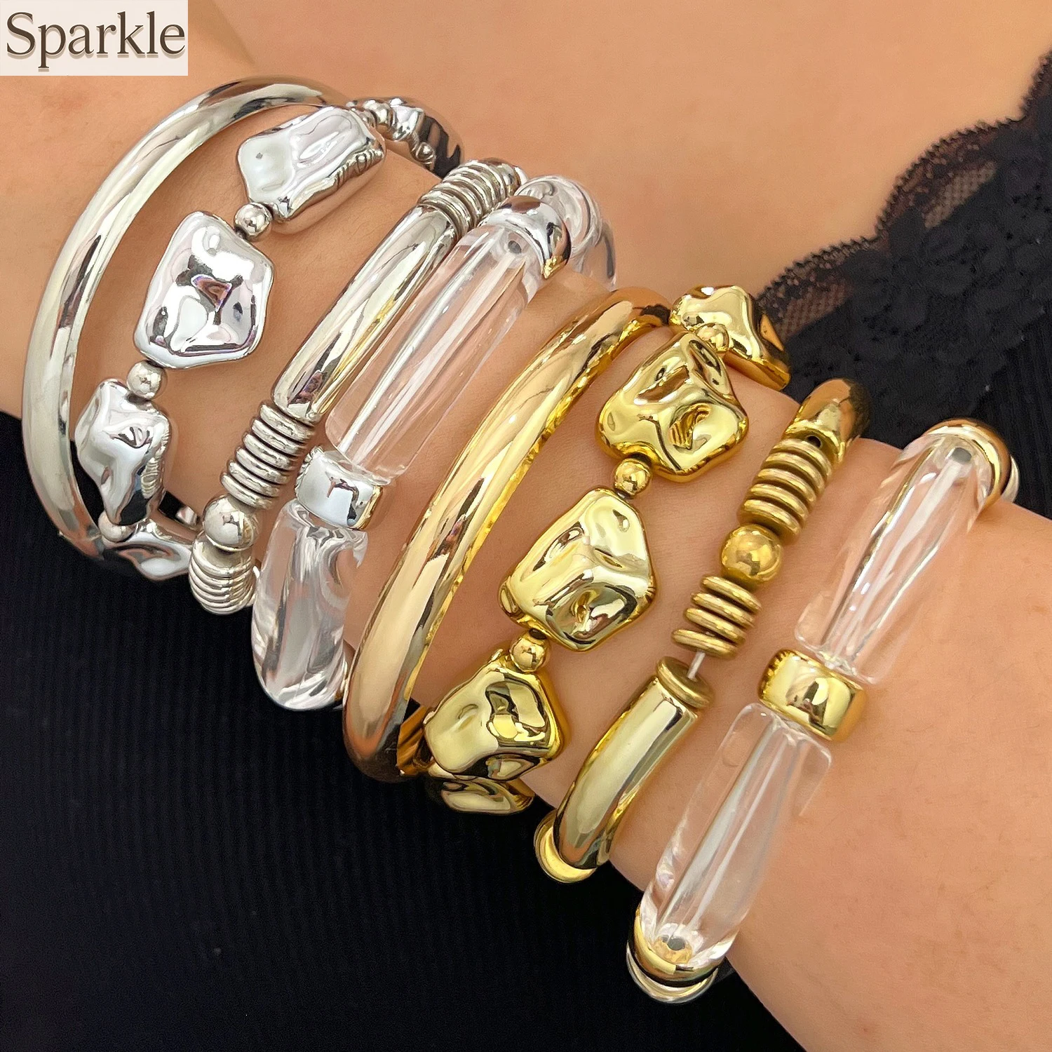 4PCS Gold Chunky Bangles Set for Women Stack Layered Curved Bamboo Tube Stretch Bracelets Plated Jewelry Gift