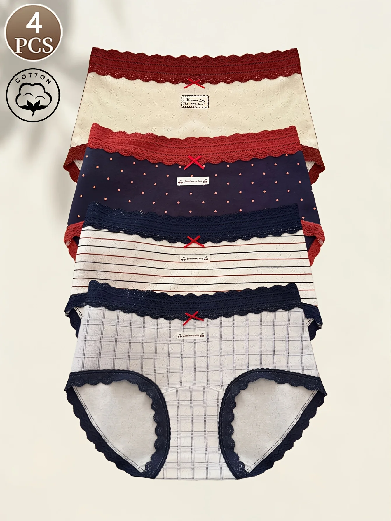 

4 шт. женские трусики, модное нижнее белье в полоску с кружевным бантом и клетчатым принтом, повседневные спортивные женские трусы
