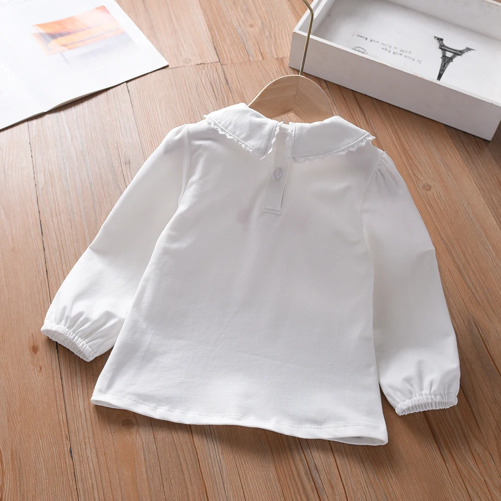 Girls' White Long Sleeve Tee Cute Bunny Pattern Delicate Collar Autumn Kids Clothes for 2-6 Years Old