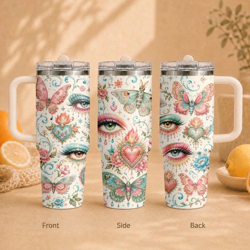 Natural Art Smiling Face Vacuum Flasks 40oz Vacuum Insulated Travel Mug - Stainless Steel Straw Cup Lid
