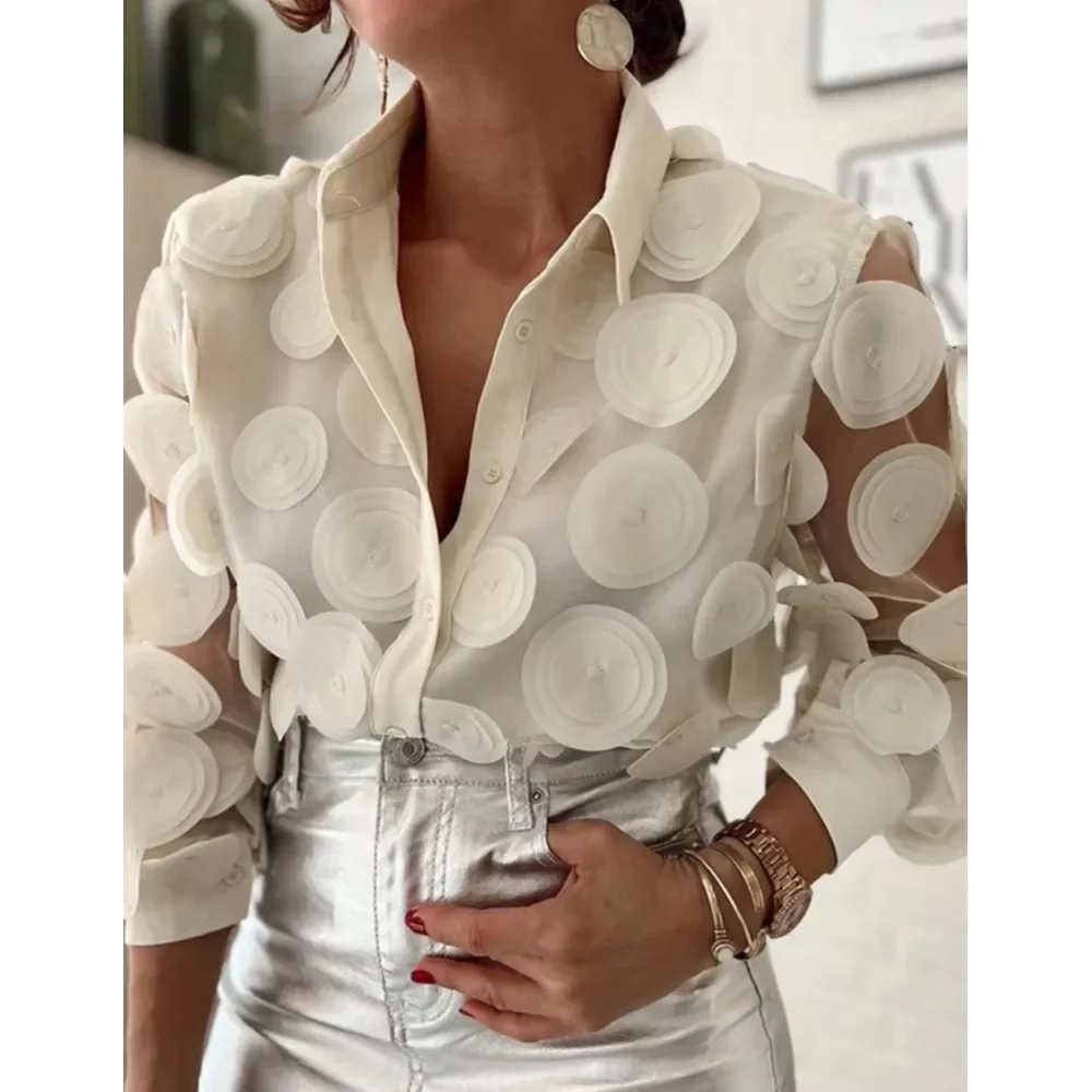 Blouse for Women Chiffon 3D Polka Dot Lantern Sleeve Elegant Turndown Collar Floral Pattern Hollow Out Sheer Mesh Patch Top Lady