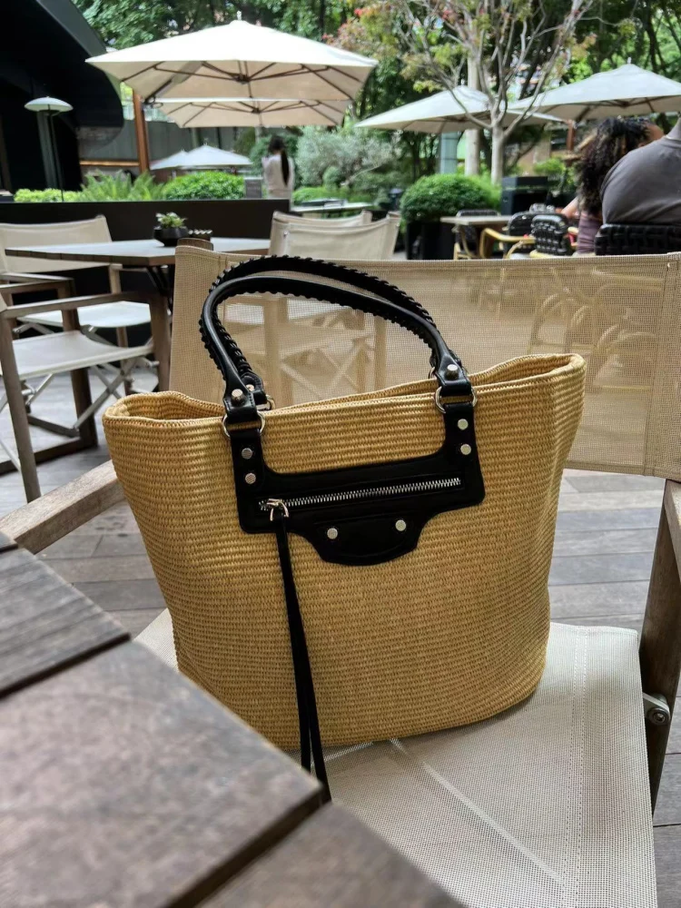 

Casual Large Capaci Vertical Tote Bag Lfite St Woven Beach Bag Spliced Color Blo Handbag oulder Bag for Youth
