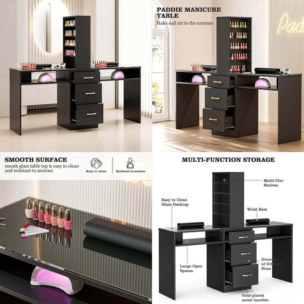 

Table with Storage Nail Station for Spa Salon Electric Downdraft Vent, Arm Rest, LED Lamp, Cabinet, Lockable Casters