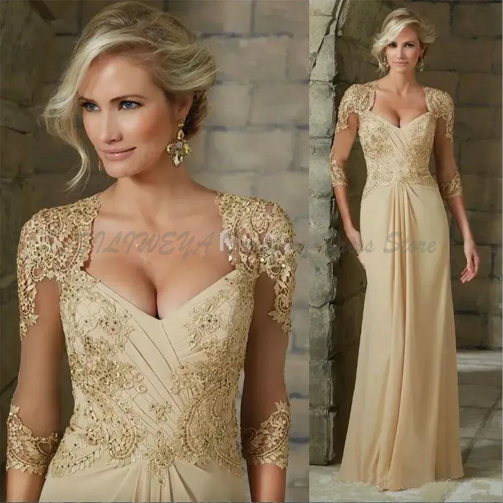

Elegant Chiffon Mother Of The Bride Dresses Long Sleeves Champagne Appliques Lace Formal Evening Gowns Plus Size Custom Made
