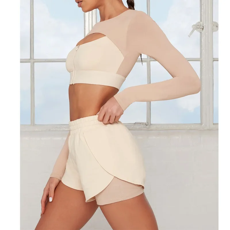 Amerikanische Mode Langarm Yoga Kleidung Spleißen Farbe Kollision Fitness Sportswear Outdoor Laufen Zwei-stück Set