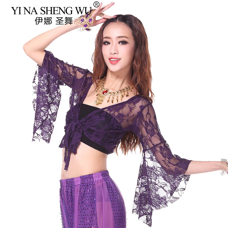 Belly Dance Top Women Lace-up Flare Sleeve Belly Dance Performance Top Sexy Front Cross Crop Deep V Neck Flare Sleeve Lace Top