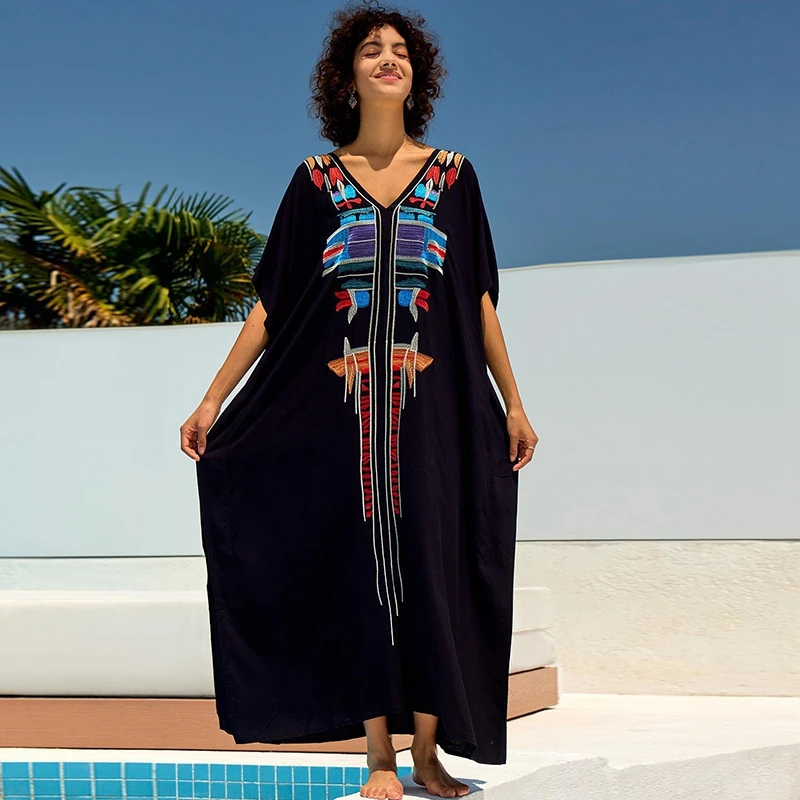 

Tribal-Inspired Embroidered Bohemian Maxi Dress Chic Beach Cover-Up Black Dress Batwing Short Sleeve Kaftan Oversized Caftan