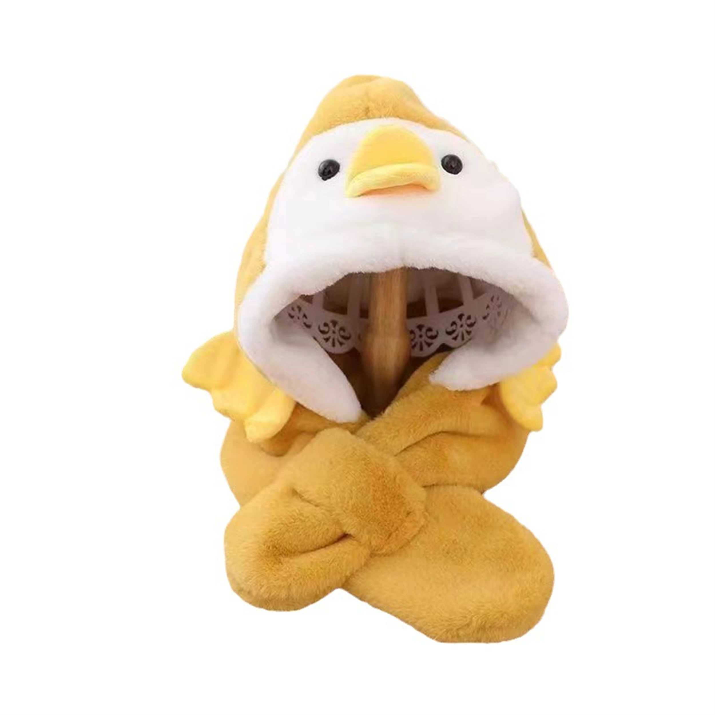 Winter Children\'s Hat Scarf One Piece Set Cute Cartoon Little Yellow Duck Plush Cover Warm Boys and Girls Head Hat