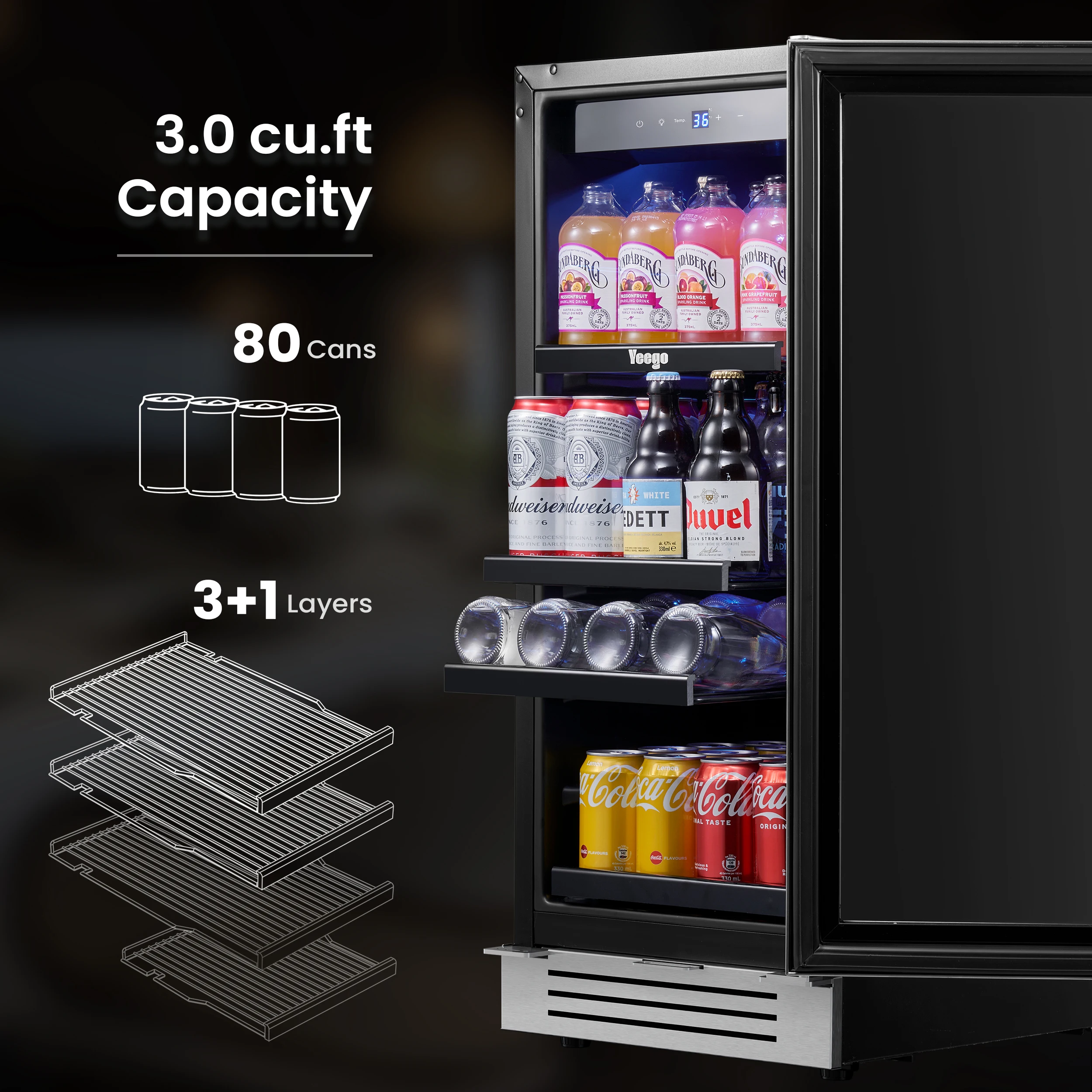 Yeego 85L Beverage & Wine Cooler – Sleek Stainless Steel Fridge with 80-Can Capacity, Adjustable Temperature, and Secure Lock